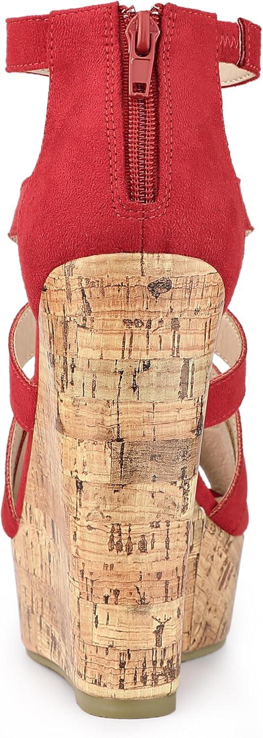 imageAllegra K Womens Platform Peep Toe Cutout Caged Cork Wedge Heel SandalsRed