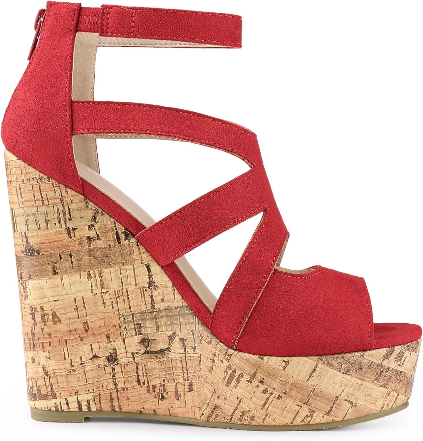 imageAllegra K Womens Platform Peep Toe Cutout Caged Cork Wedge Heel SandalsRed