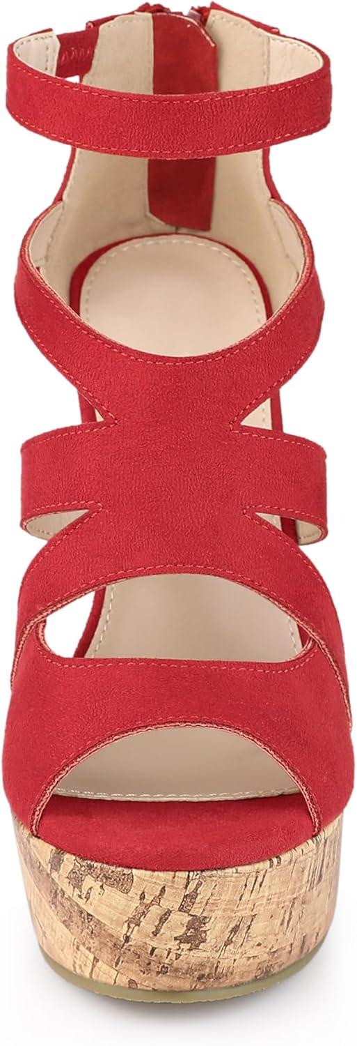 imageAllegra K Womens Platform Peep Toe Cutout Caged Cork Wedge Heel SandalsRed