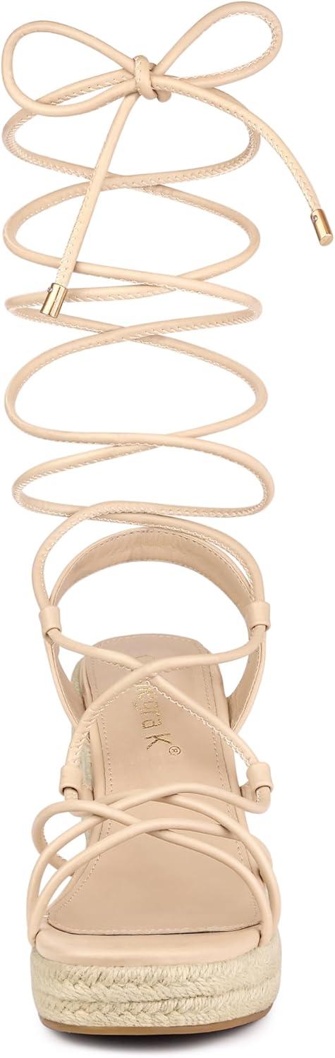 imageAllegra K Womens Platform Square Toe Lace Up Espadrilles Heels Wedge SandalsBeige
