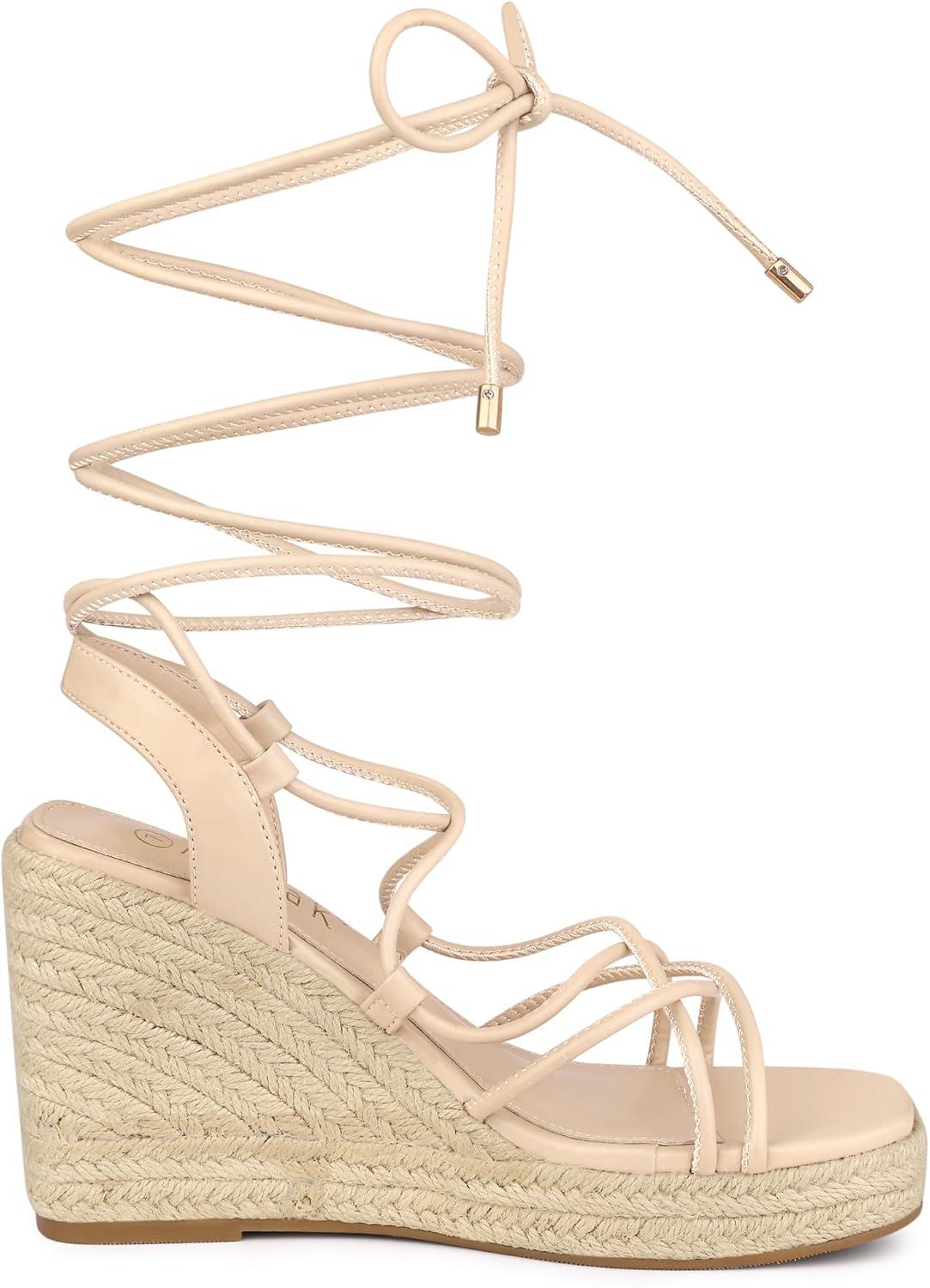 imageAllegra K Womens Platform Square Toe Lace Up Espadrilles Heels Wedge SandalsBeige
