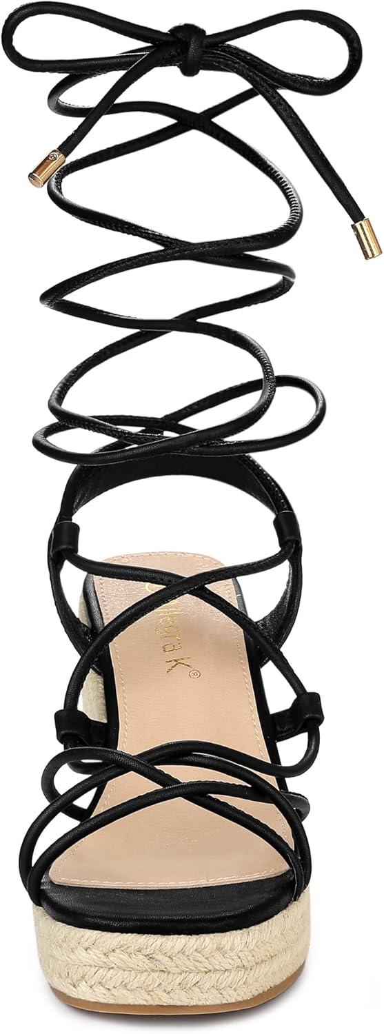 imageAllegra K Womens Platform Square Toe Lace Up Espadrilles Heels Wedge SandalsBlack