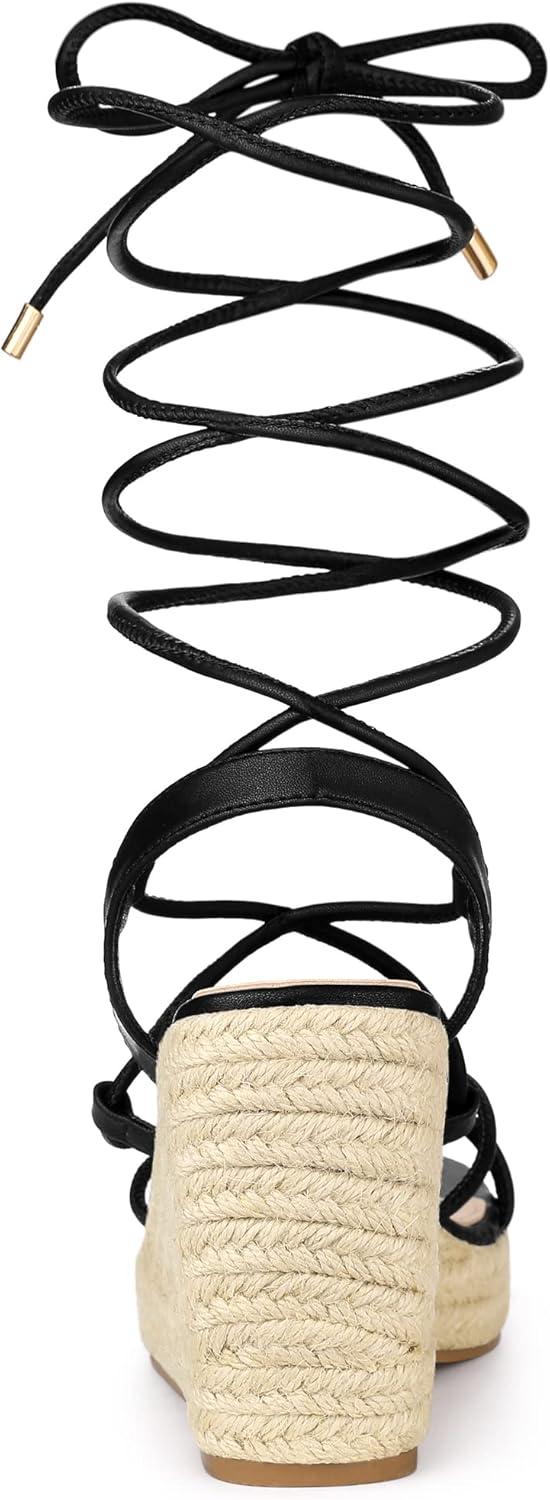 imageAllegra K Womens Platform Square Toe Lace Up Espadrilles Heels Wedge SandalsBlack