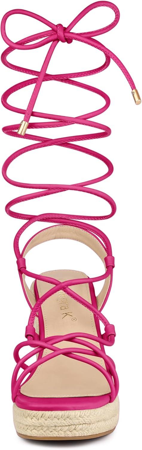 imageAllegra K Womens Platform Square Toe Lace Up Espadrilles Heels Wedge SandalsHot Pink