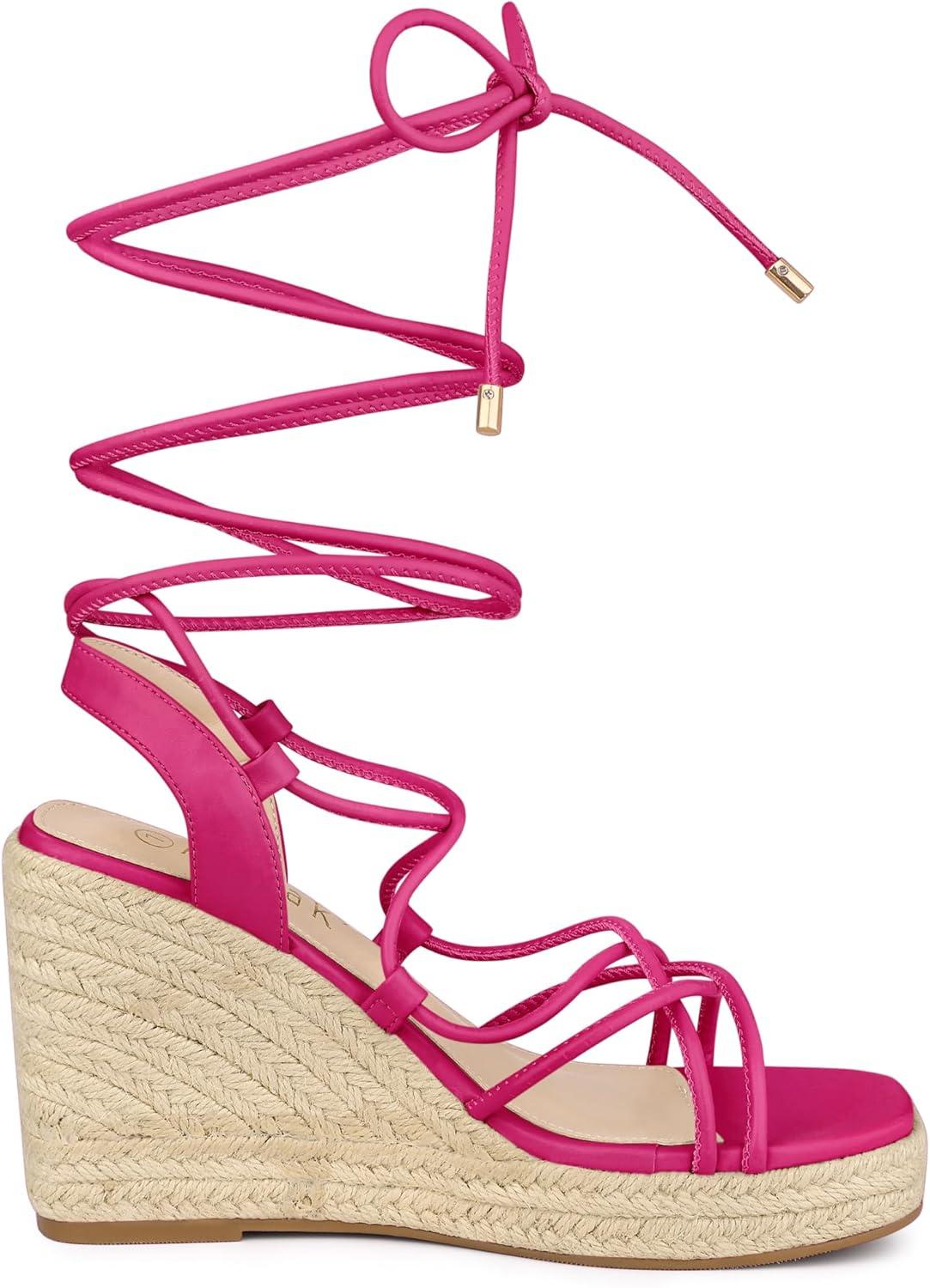imageAllegra K Womens Platform Square Toe Lace Up Espadrilles Heels Wedge SandalsHot Pink