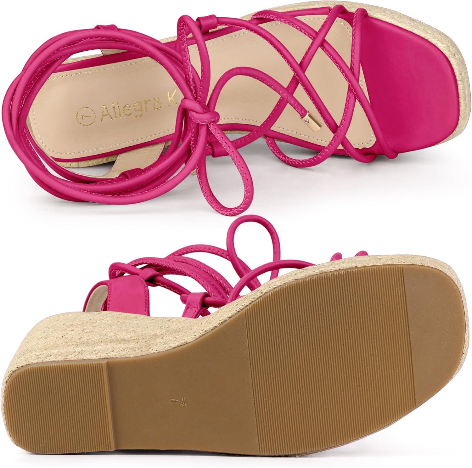 imageAllegra K Womens Platform Square Toe Lace Up Espadrilles Heels Wedge SandalsHot Pink