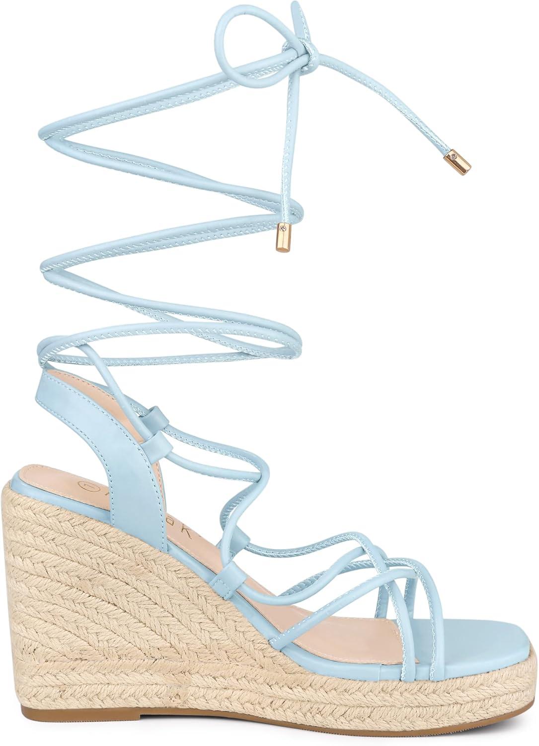 imageAllegra K Womens Platform Square Toe Lace Up Espadrilles Heels Wedge SandalsSky Blue