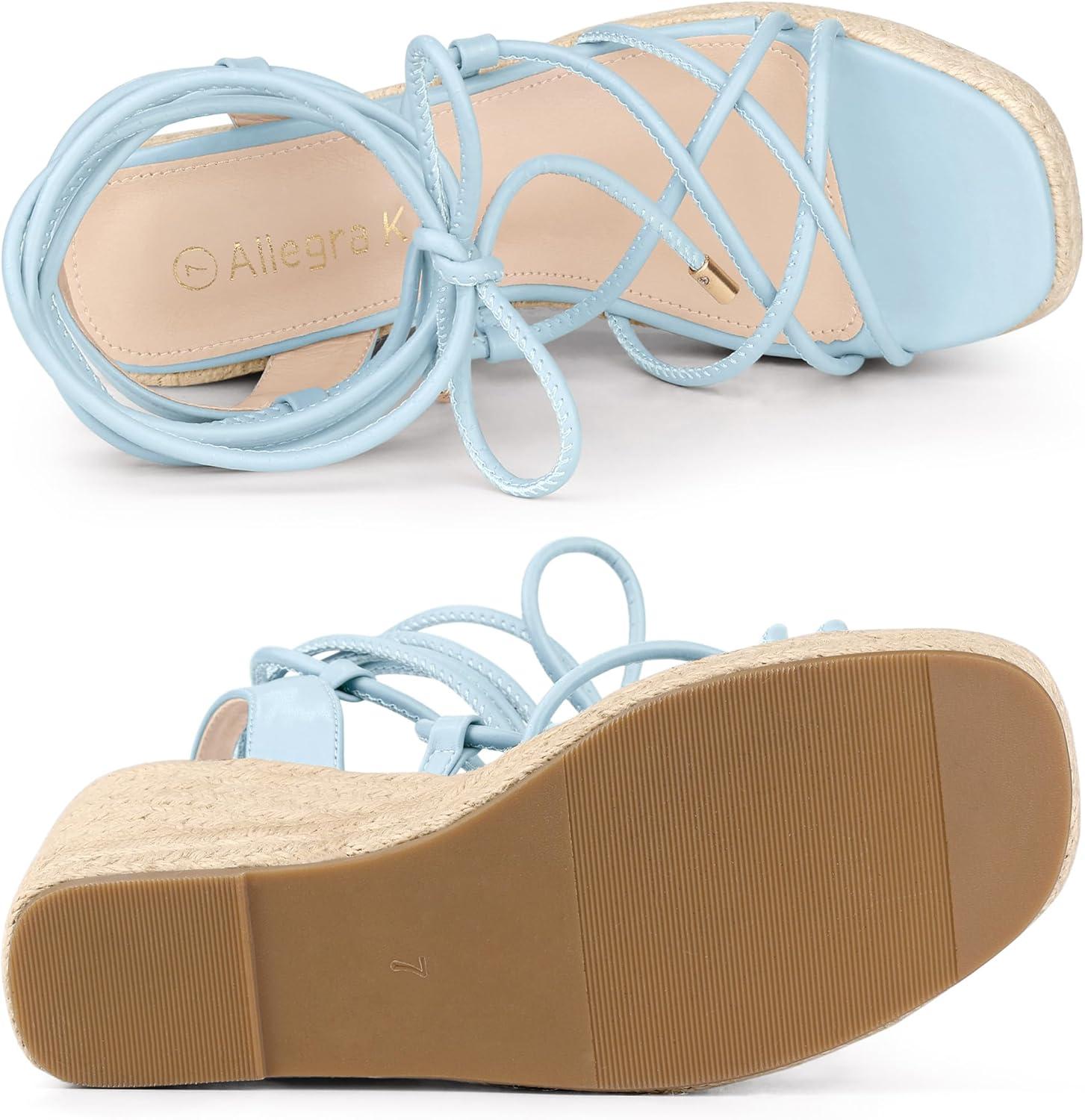 imageAllegra K Womens Platform Square Toe Lace Up Espadrilles Heels Wedge SandalsSky Blue