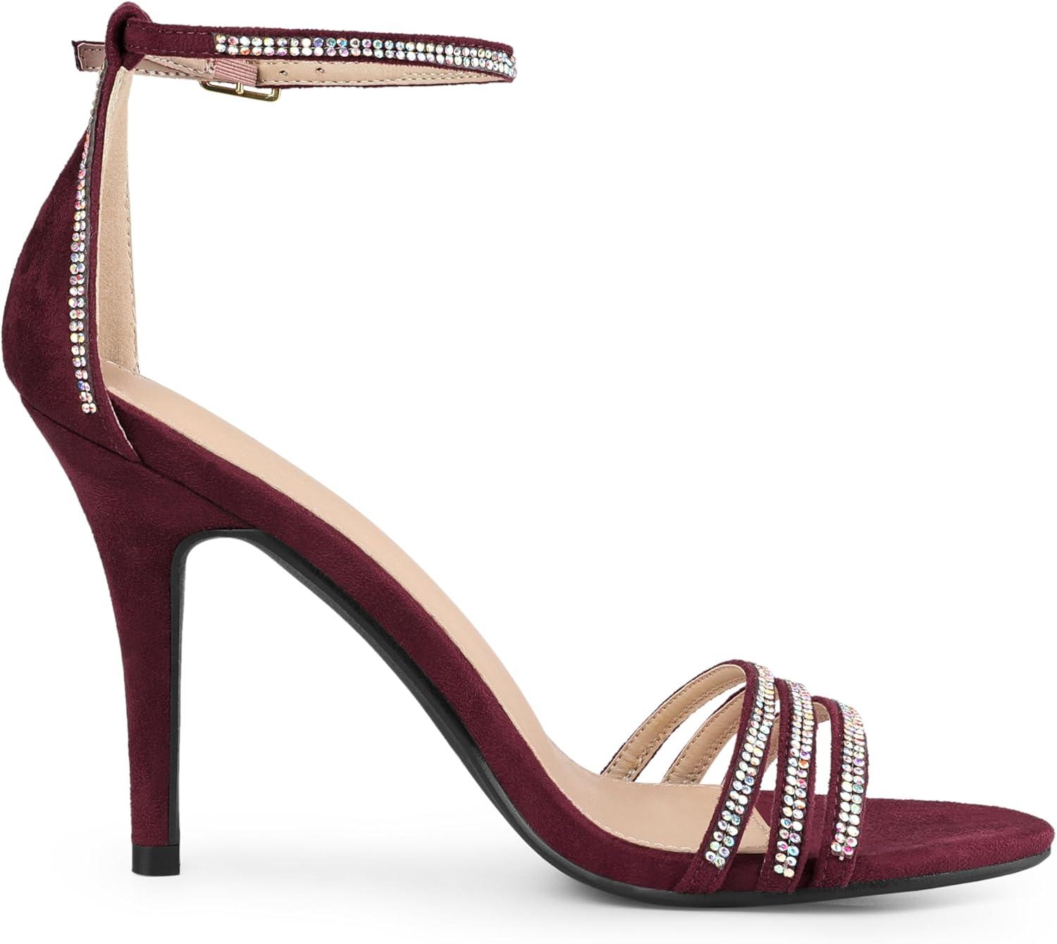 imageAllegra K Womens Rhinestone Ankle Strap Open Toe Stiletto Heeled SandalsBurgundy