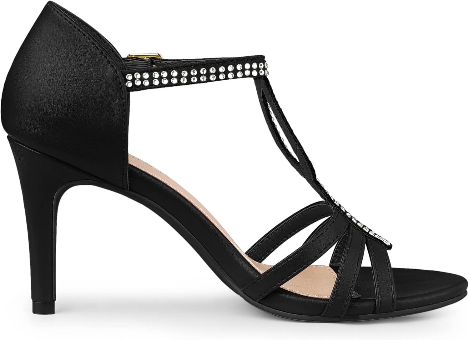 imageAllegra K Womens Rhinestone Ankle Strap Open Toe Stiletto Heels SandalsBlack