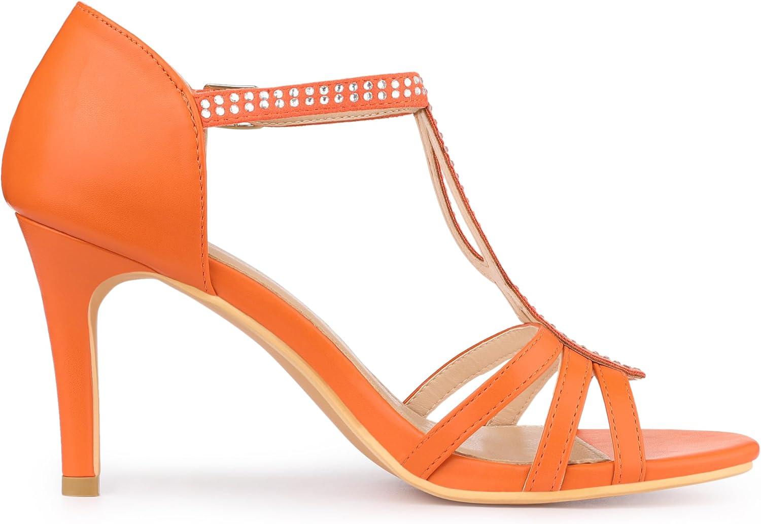 imageAllegra K Womens Rhinestone Ankle Strap Open Toe Stiletto Heels SandalsOrange