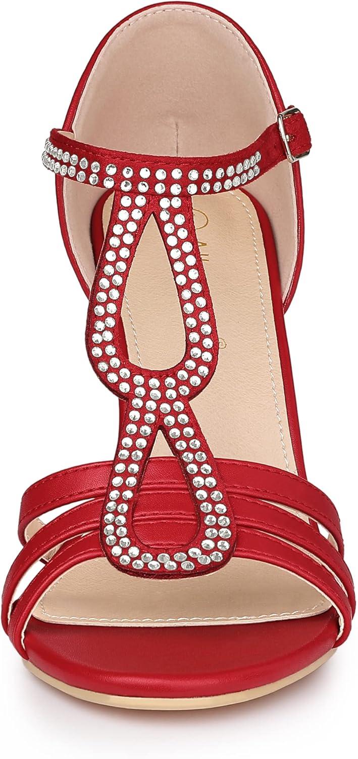 imageAllegra K Womens Rhinestone Ankle Strap Open Toe Stiletto Heels SandalsRed