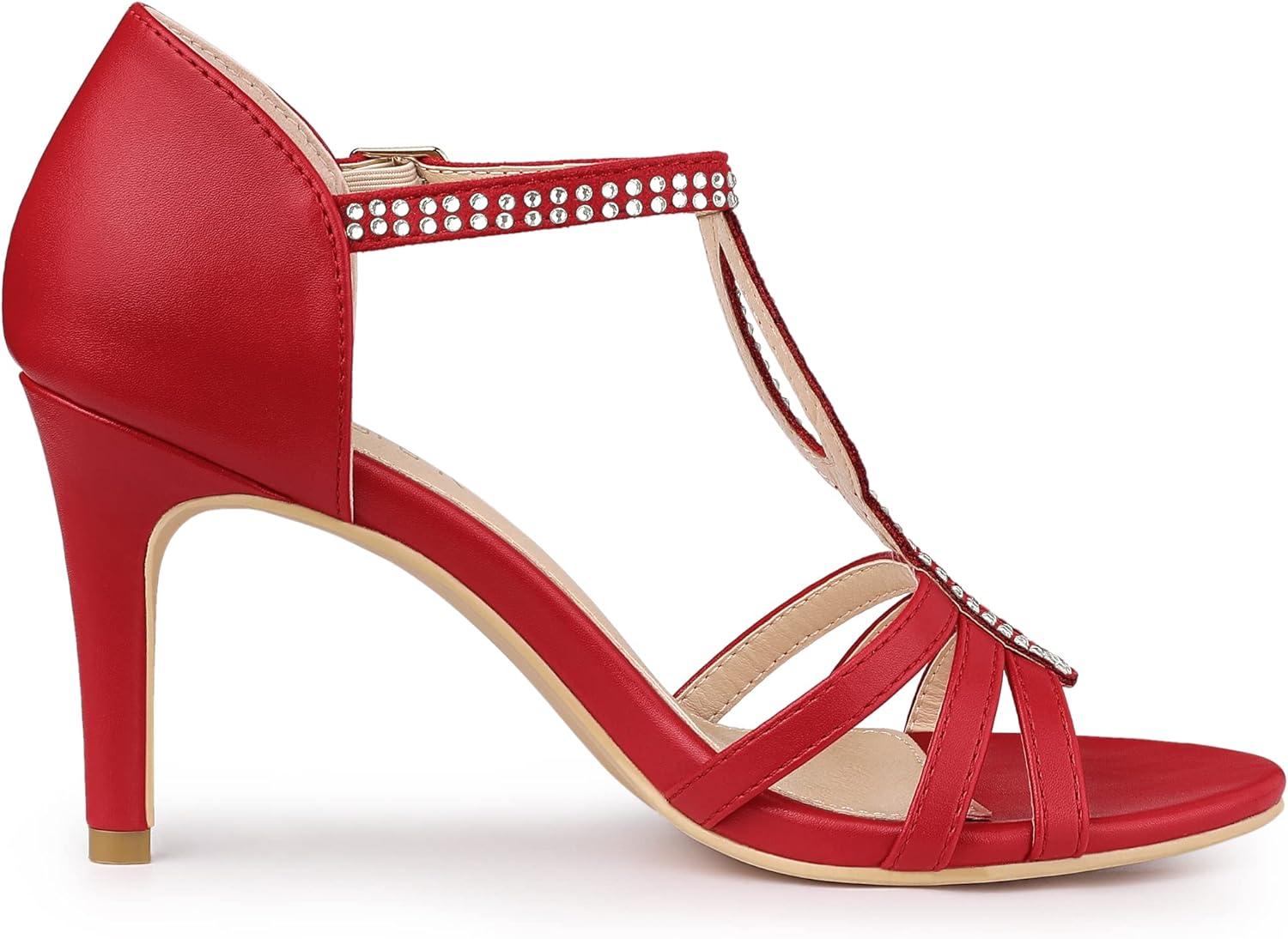 imageAllegra K Womens Rhinestone Ankle Strap Open Toe Stiletto Heels SandalsRed