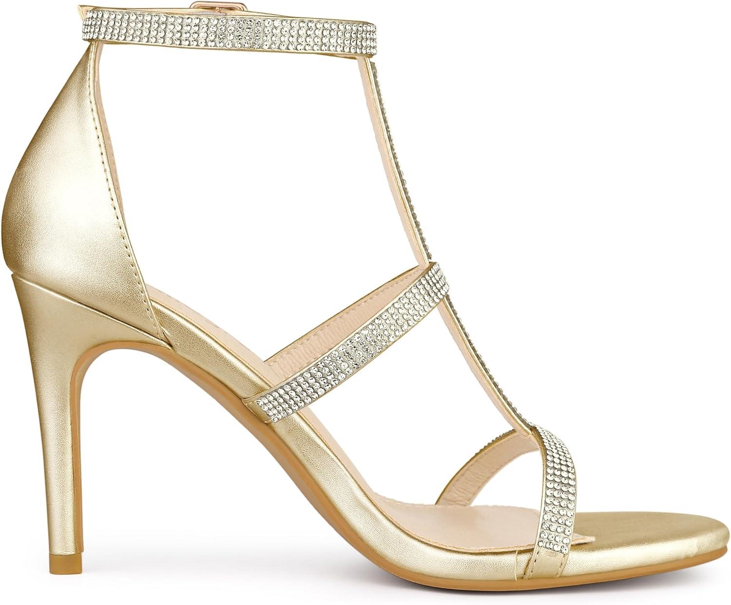 imageAllegra K Womens Rhinestone Ankle Strap Stiletto High Heel SandalsGold
