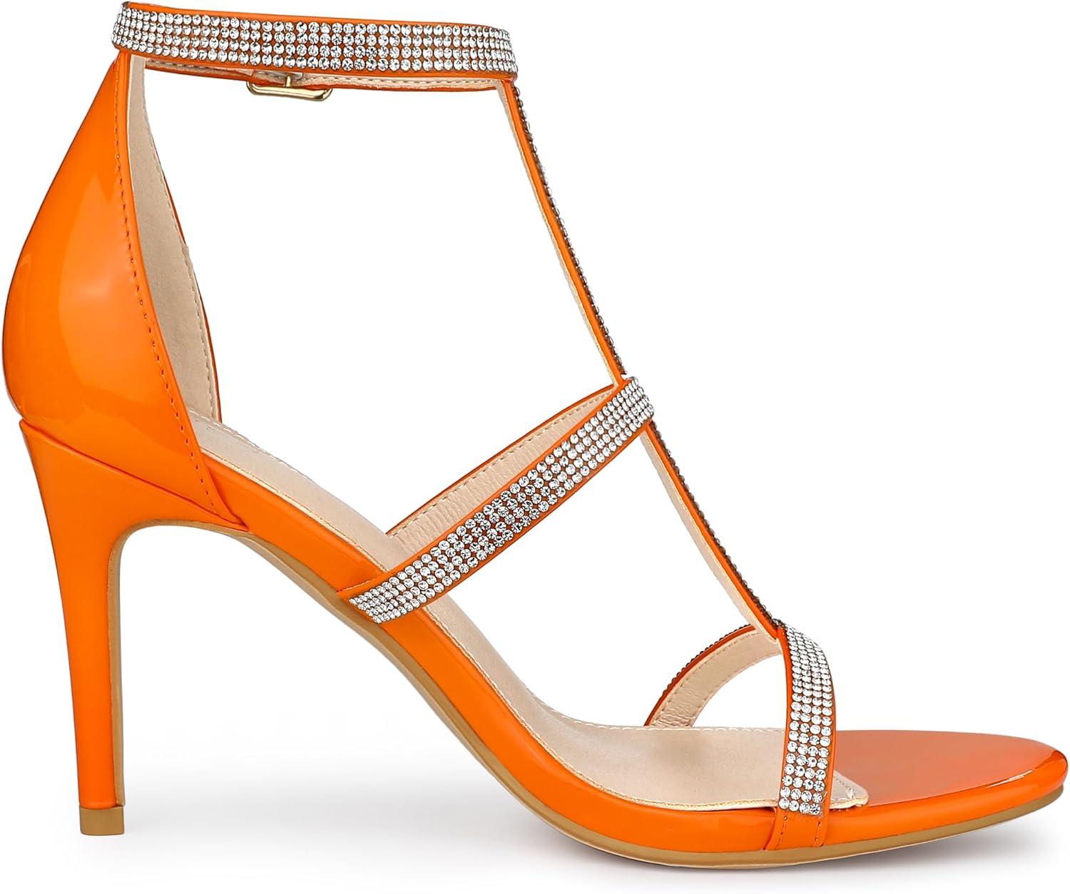 imageAllegra K Womens Rhinestone Ankle Strap Stiletto High Heel SandalsOrange