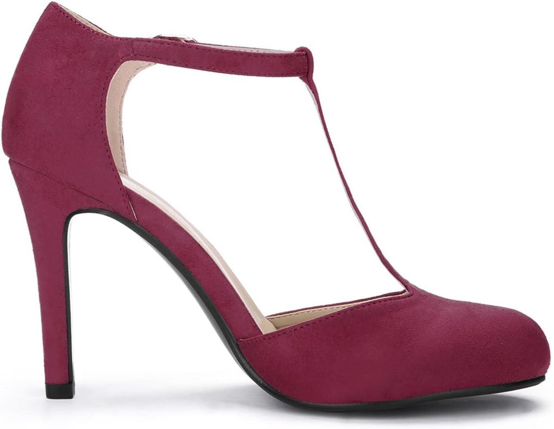 imageAllegra K Womens Rounded Toe Stiletto Heel TStrap Dress PumpsBurgundy
