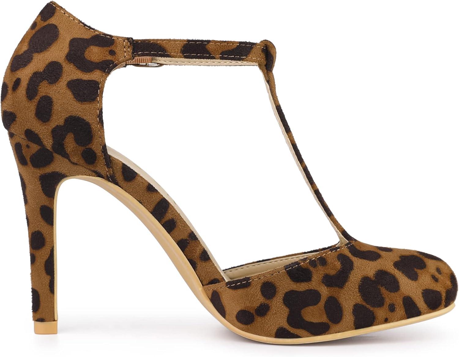 imageAllegra K Womens Rounded Toe Stiletto Heel TStrap Dress PumpsLeopard