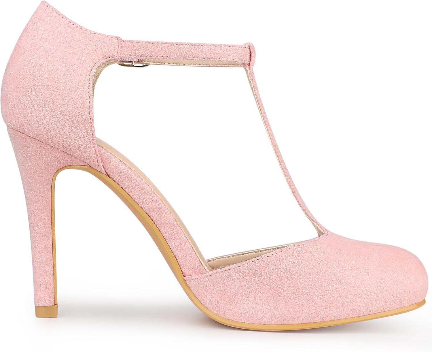 imageAllegra K Womens Rounded Toe Stiletto Heel TStrap Dress PumpsPink