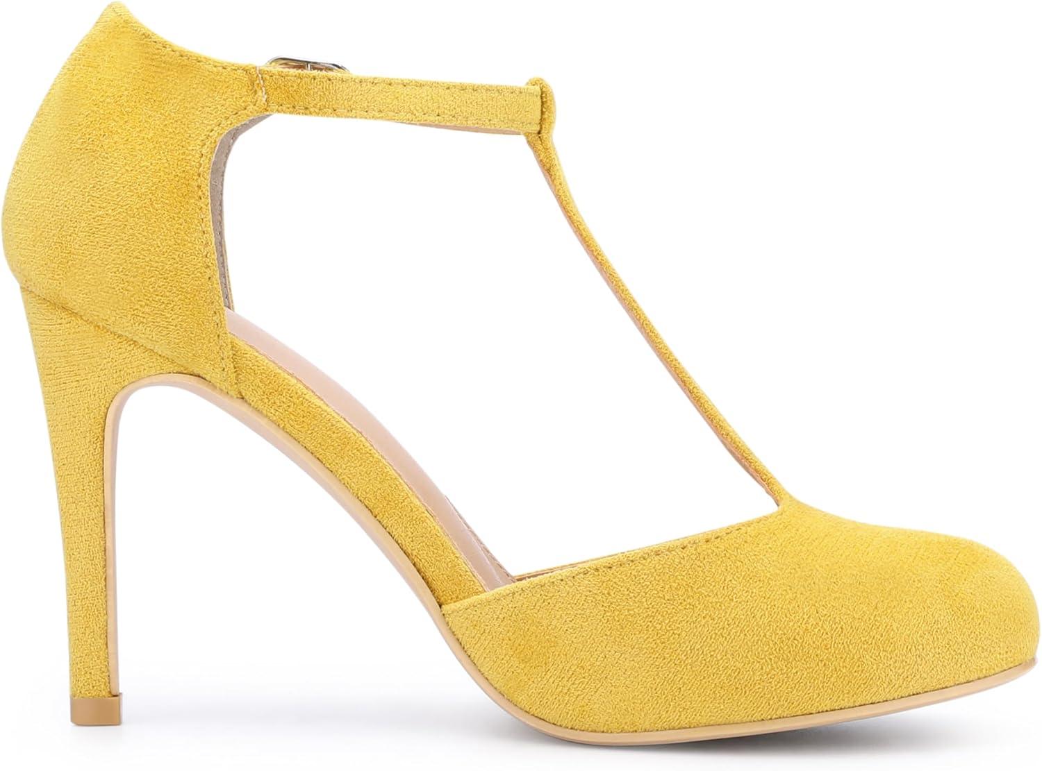 imageAllegra K Womens Rounded Toe Stiletto Heel TStrap Dress PumpsYellow