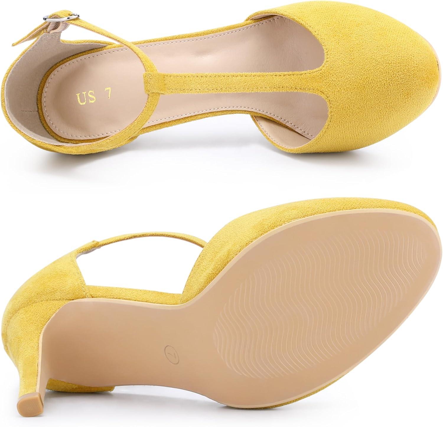 imageAllegra K Womens Rounded Toe Stiletto Heel TStrap Dress PumpsYellow
