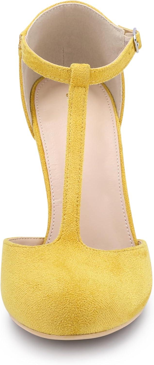 imageAllegra K Womens Rounded Toe Stiletto Heel TStrap Dress PumpsYellow