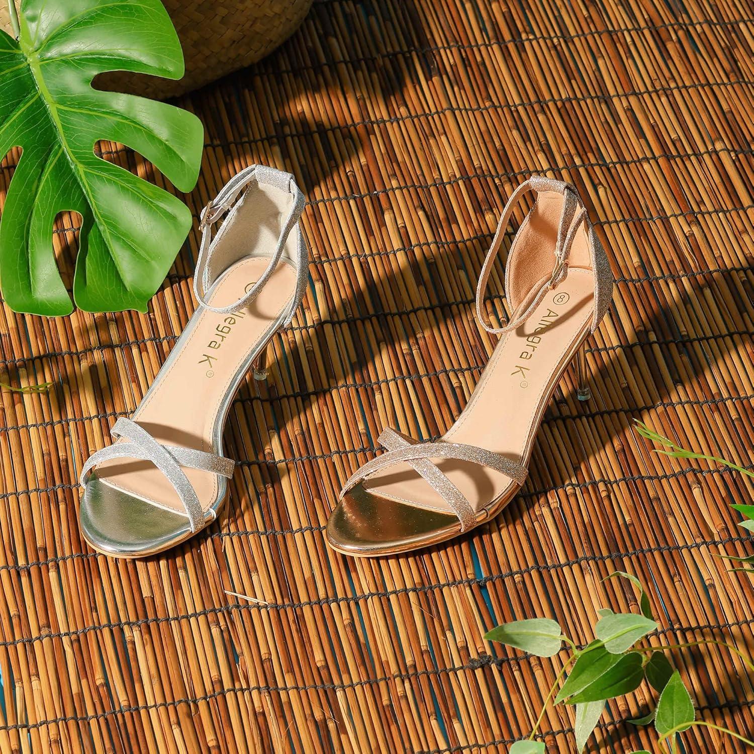 imageAllegra K Womens Sparkly Glitter Ankle Straps Stiletto Clear Heels SandalsGold