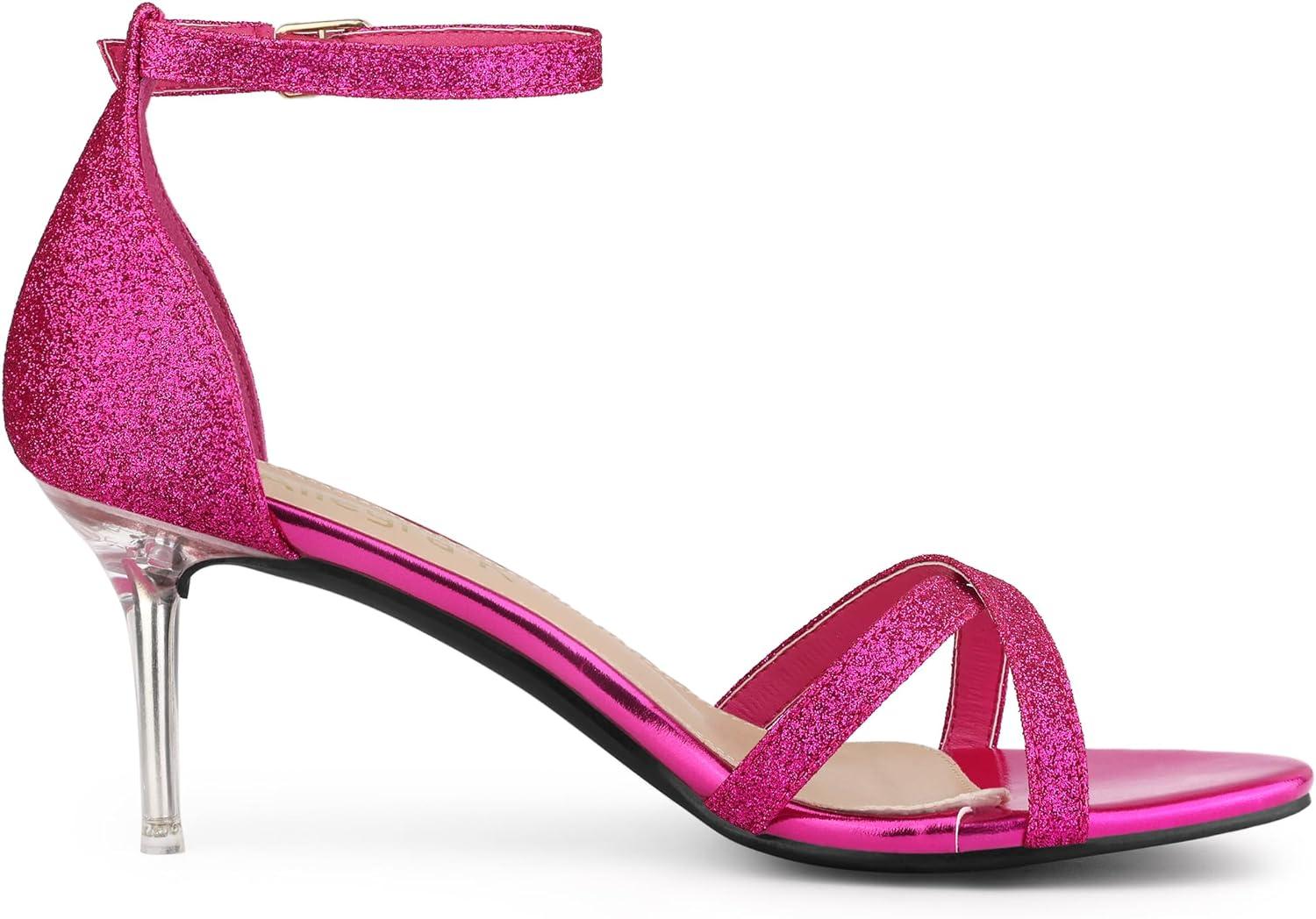 imageAllegra K Womens Sparkly Glitter Ankle Straps Stiletto Clear Heels SandalsHot Pink