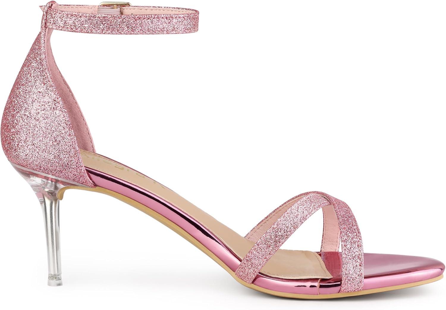 imageAllegra K Womens Sparkly Glitter Ankle Straps Stiletto Clear Heels SandalsPink