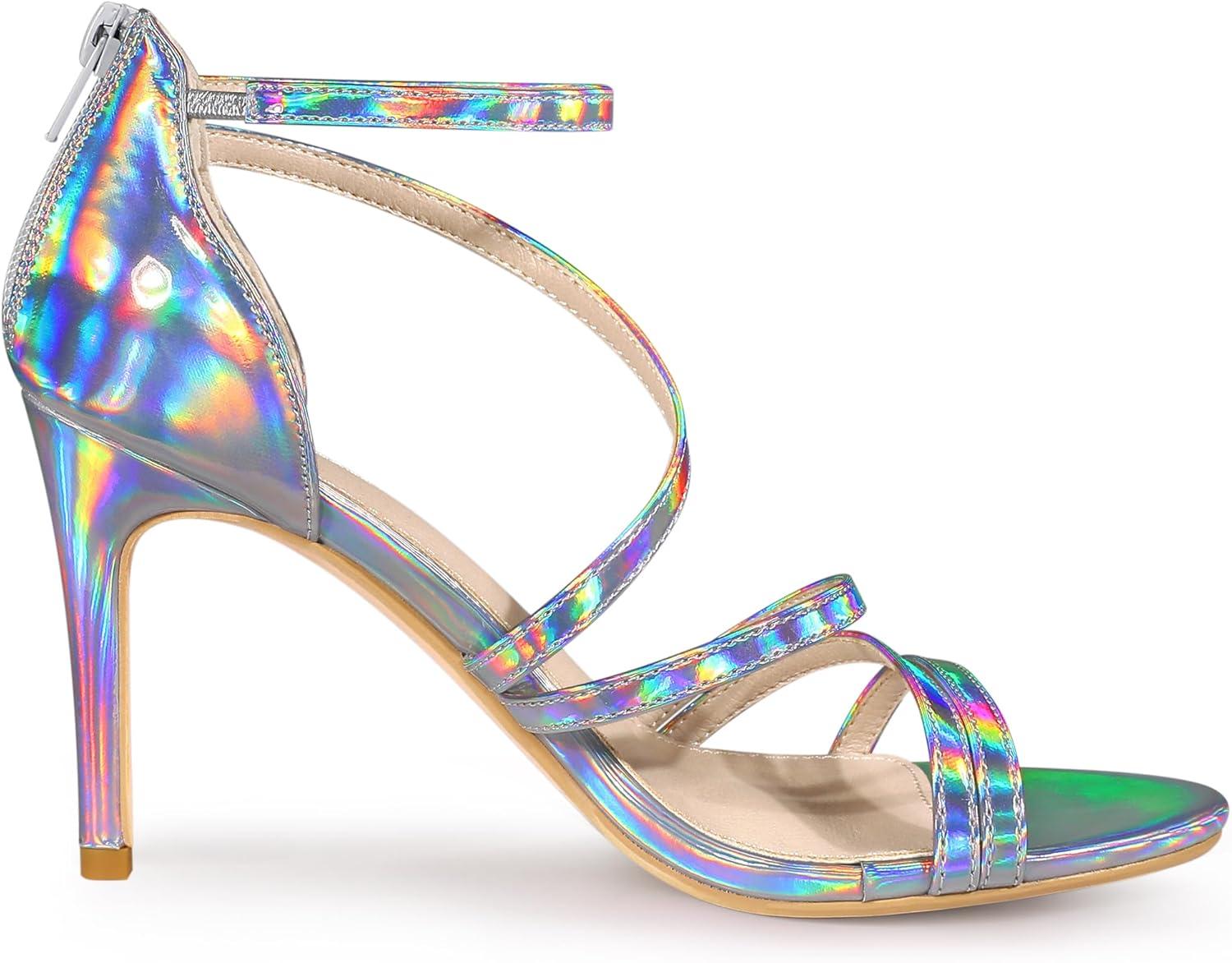 imageAllegra K Womens Strappy Ankle Strap Back Zip Stiletto Heel SandalsSilver