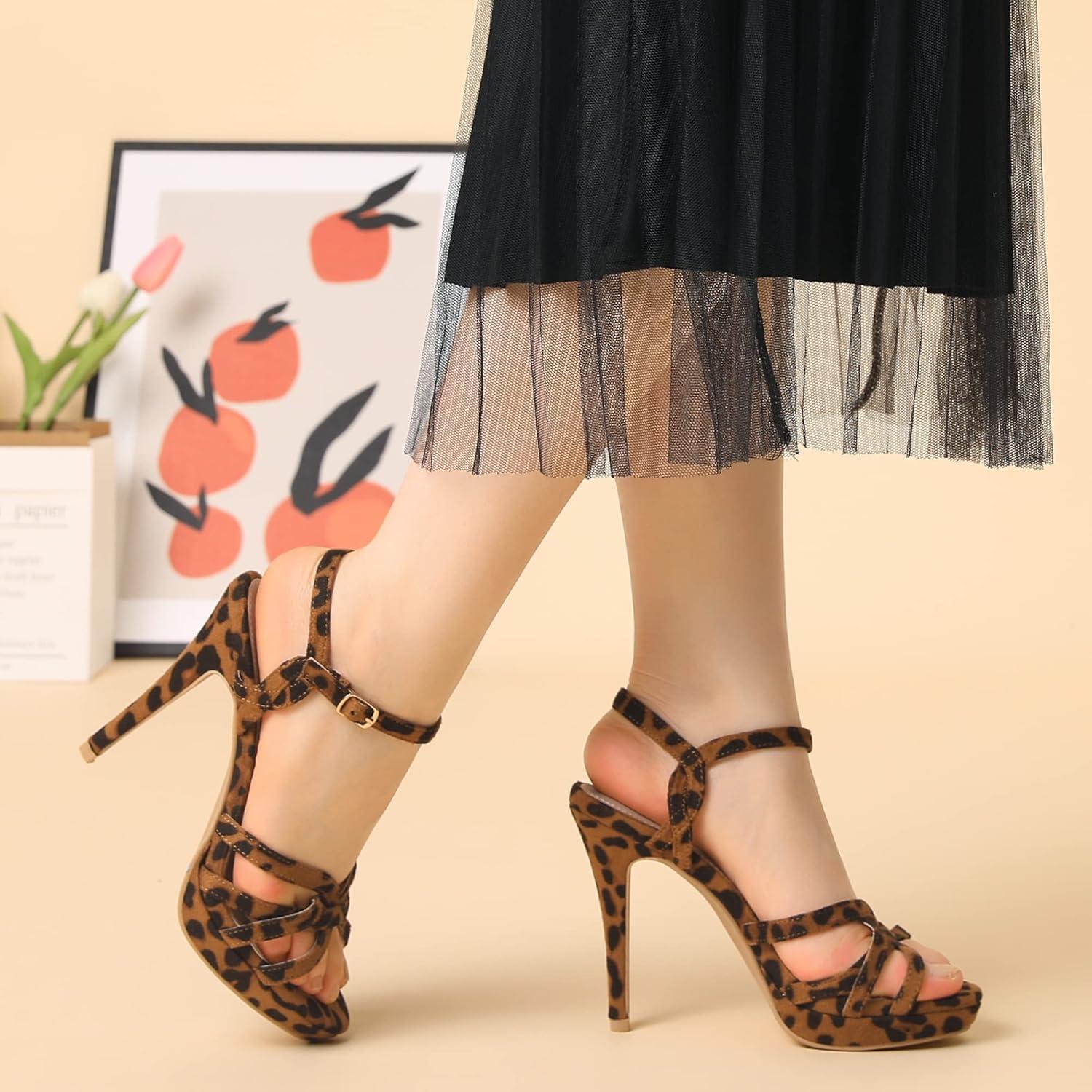 imageAllegra K Womens Strappy Platform Heels Stiletto Heel SandalsLeopard