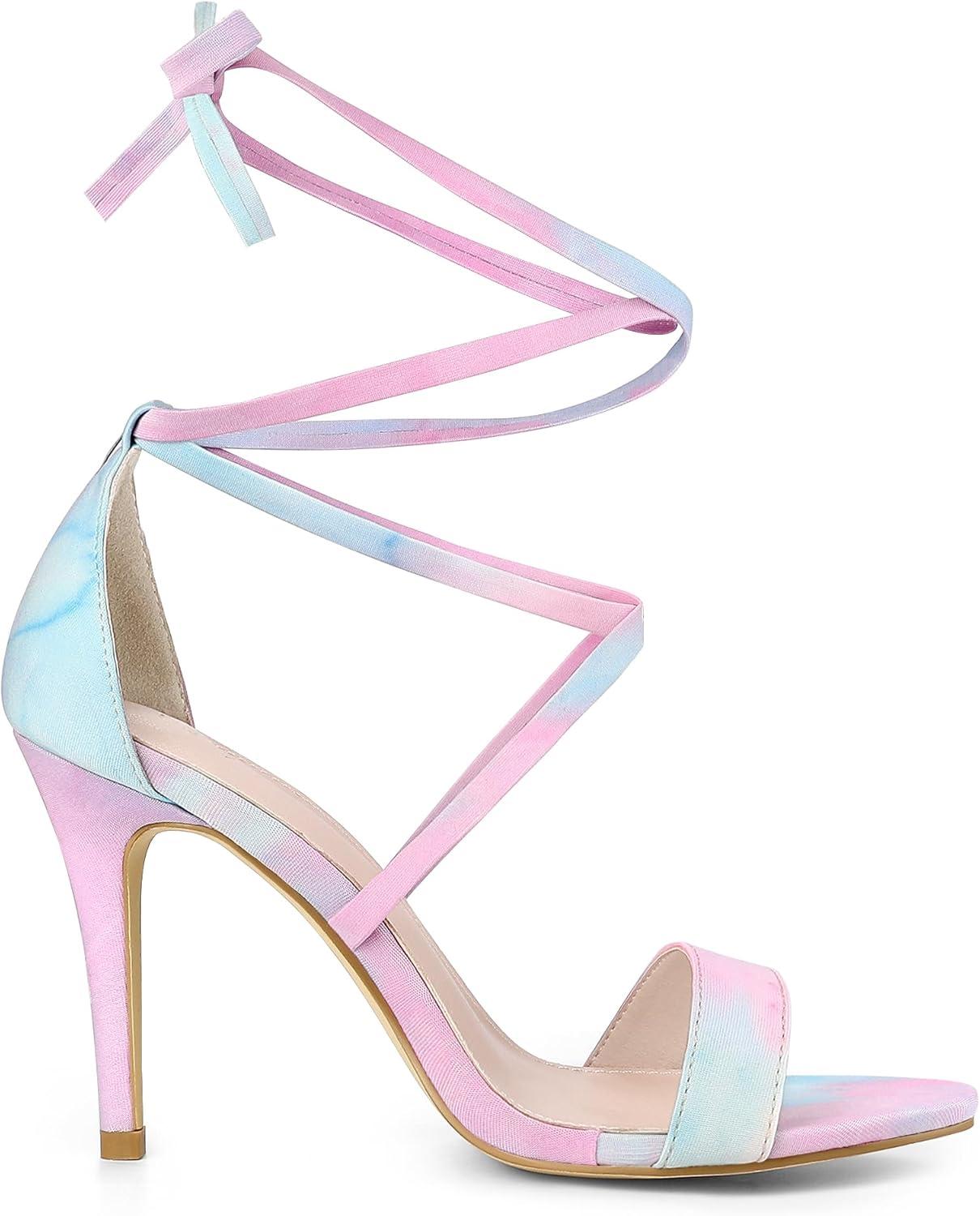 imageAllegra K Womens Tie Dye Lace Up Stiletto Heel SandalsBlue Pink