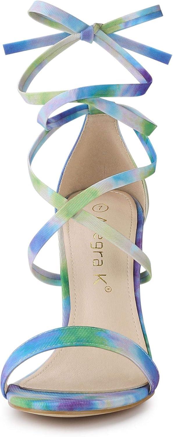 imageAllegra K Womens Tie Dye Lace Up Stiletto Heel SandalsGreen Blue