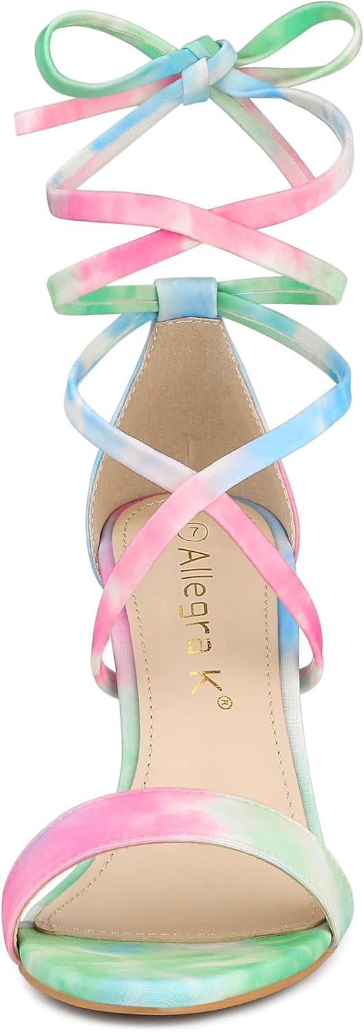 imageAllegra K Womens Tie Dye Lace Up Stiletto Heel SandalsGreen Pink