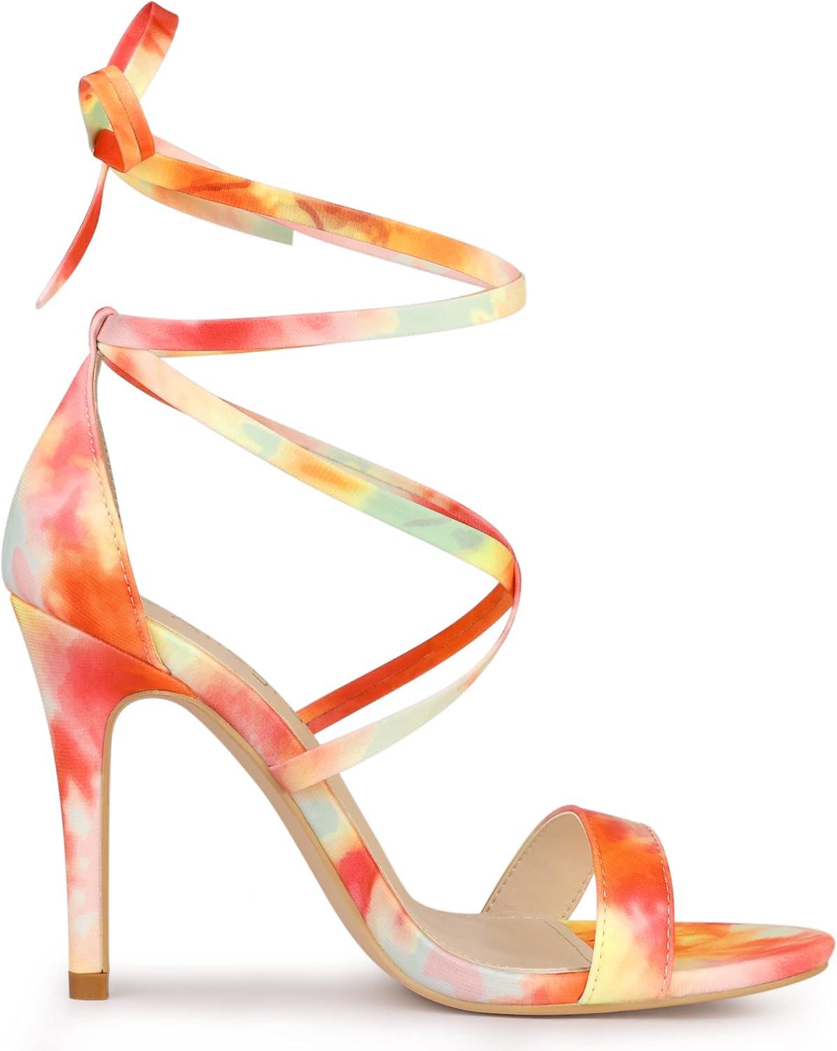 imageAllegra K Womens Tie Dye Lace Up Stiletto Heel SandalsOrange