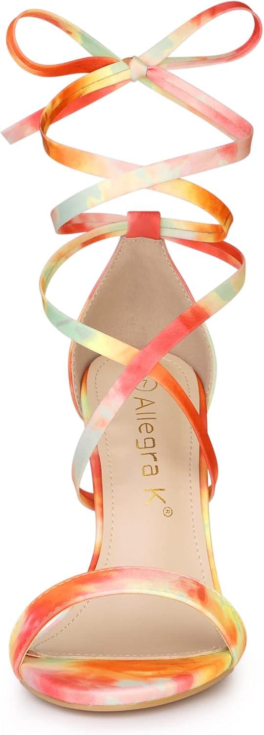 imageAllegra K Womens Tie Dye Lace Up Stiletto Heel SandalsOrange