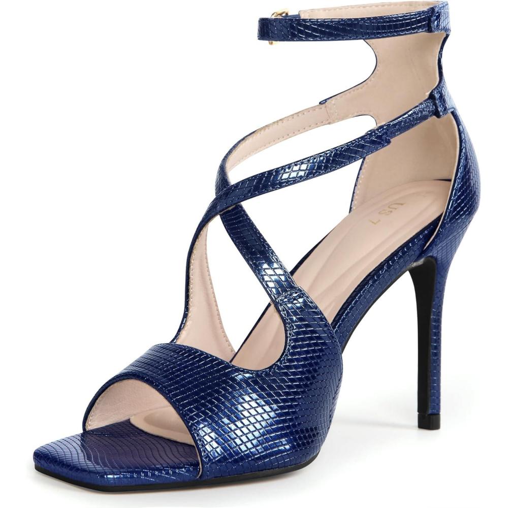 imageAllegra K Womens Ankle Strap Square Toe Crisscross Embossed Stiletto Heel SandalsNavy Blue