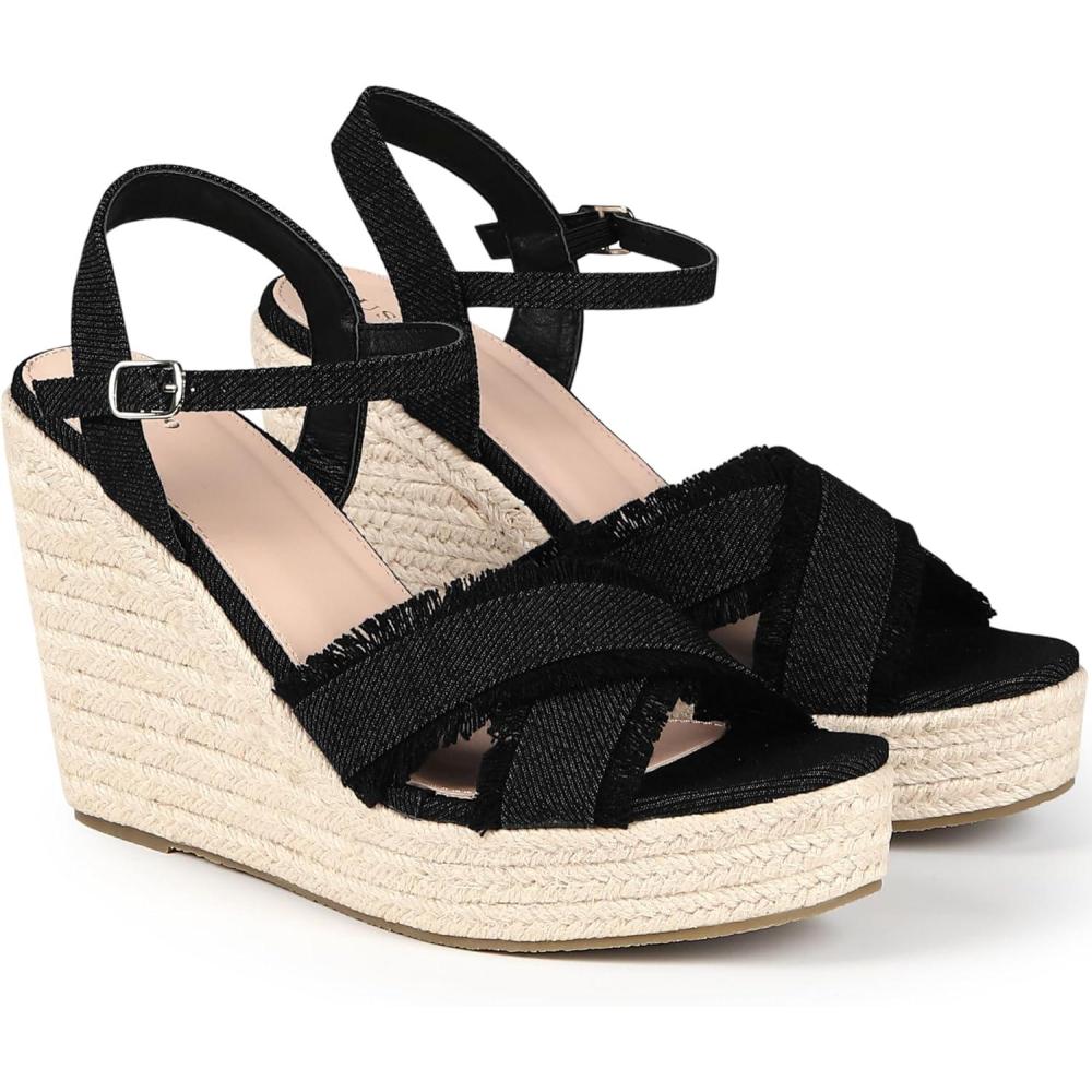 imageAllegra K Womens Denim Wedges Shoes Slingback Platform Wedge Heel SandalsBlack