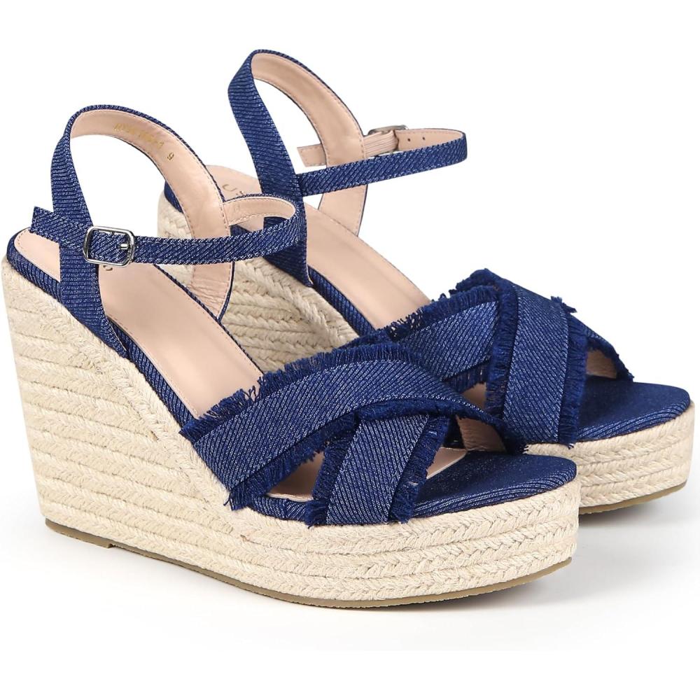 imageAllegra K Womens Denim Wedges Shoes Slingback Platform Wedge Heel SandalsBlue