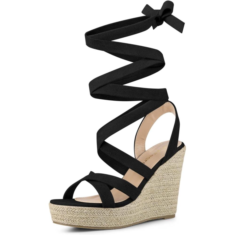 imageAllegra K Womens Espadrilles Platform Heels Lace Up Wedge SandalsBlack