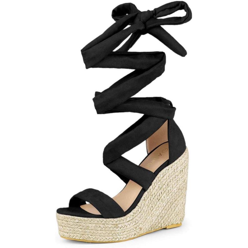 imageAllegra K Womens Espadrilles Platform Sandals Lace Up Open Toe Wedges HeelsBlack
