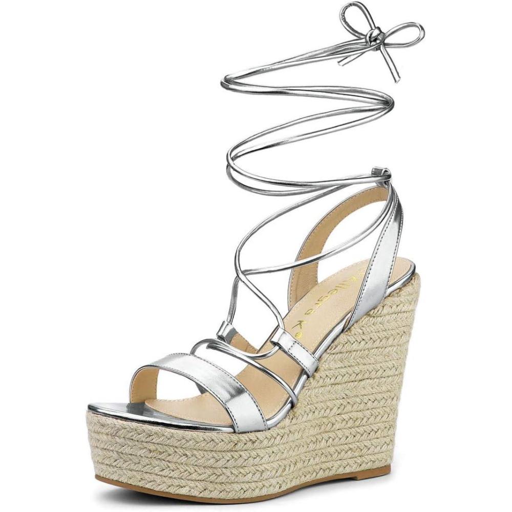 imageAllegra K Womens Espadrilles Platform Wedges Heel Lace Up SandalsSilver