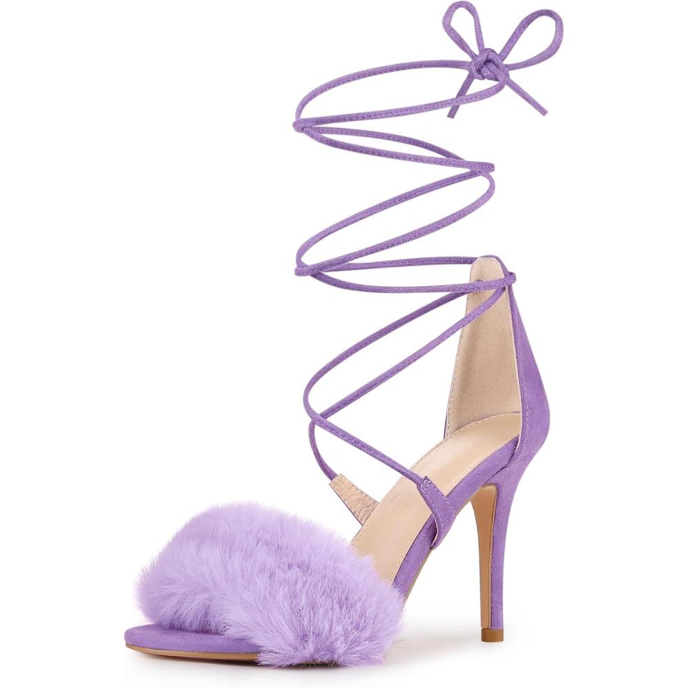 imageAllegra K Womens Faux Fur Stiletto Heel Lace Up Heels SandalsPurple