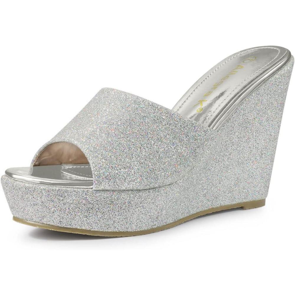 imageAllegra K Womens Glitter Platform Slip on Wedge Heels SandalsSilver