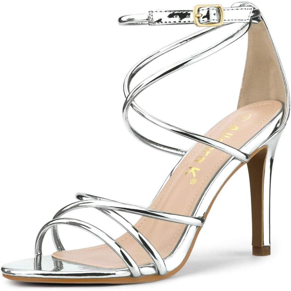 imageAllegra K Womens Open Toe Strappy Straps Stiletto Heel SandalsSilver