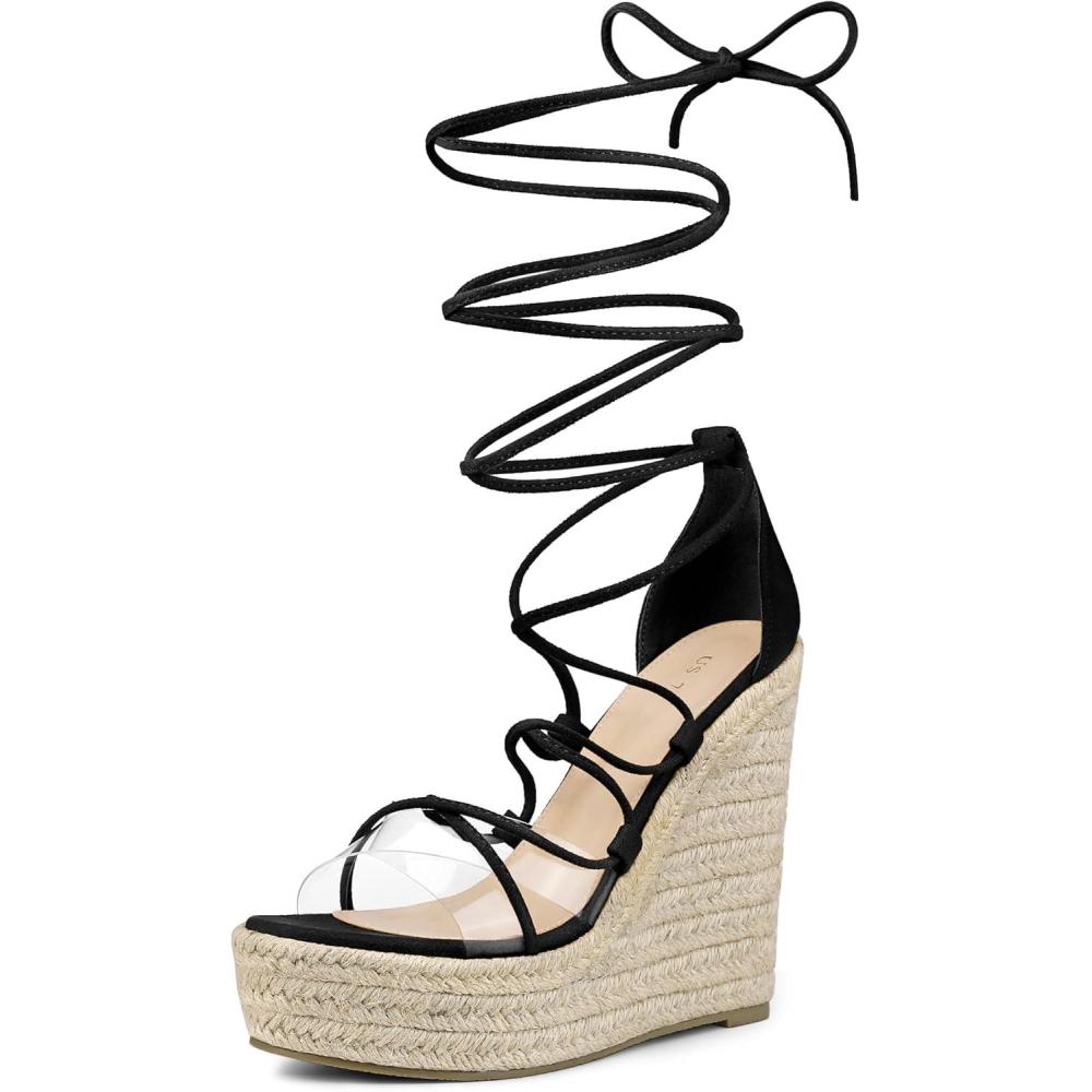 imageAllegra K Womens Platform Espadrilles Heels Clear Strap Lace Up Wedges SandalsBlack