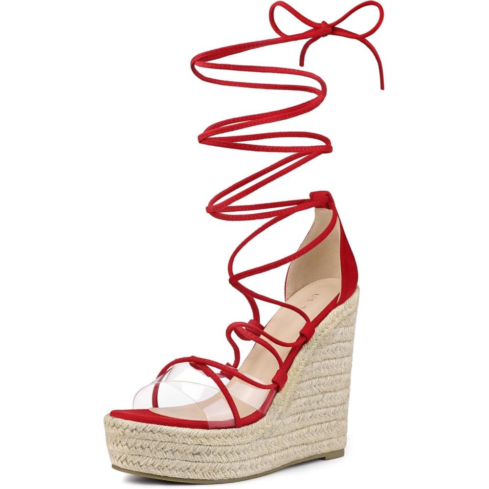imageAllegra K Womens Platform Espadrilles Heels Clear Strap Lace Up Wedges SandalsRed