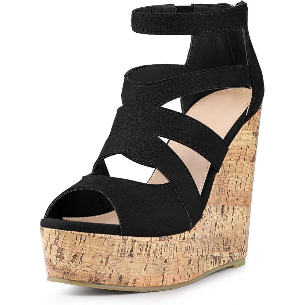 imageAllegra K Womens Platform Peep Toe Cutout Caged Cork Wedge Heel SandalsBlack
