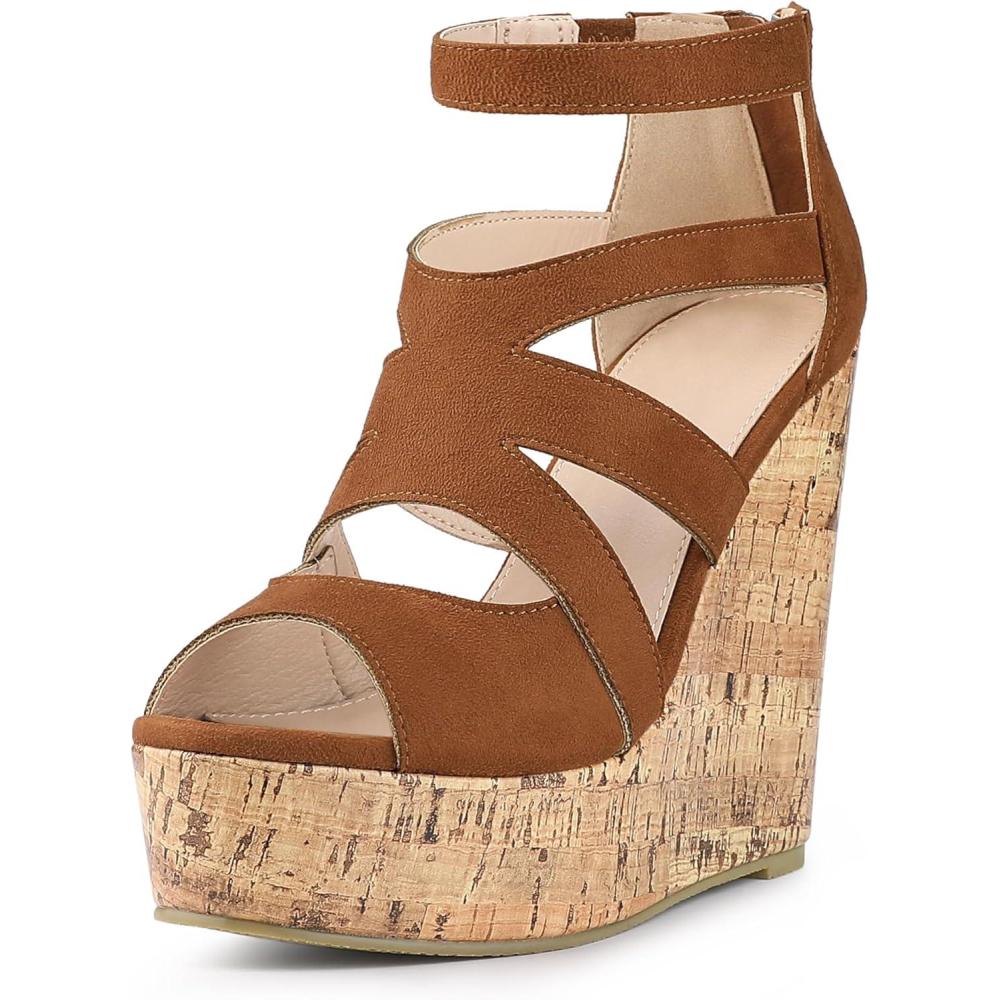 imageAllegra K Womens Platform Peep Toe Cutout Caged Cork Wedge Heel SandalsBrown