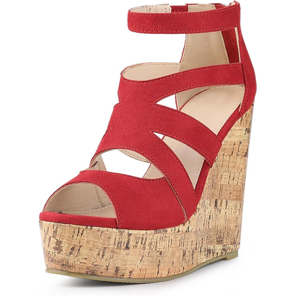 imageAllegra K Womens Platform Peep Toe Cutout Caged Cork Wedge Heel SandalsRed