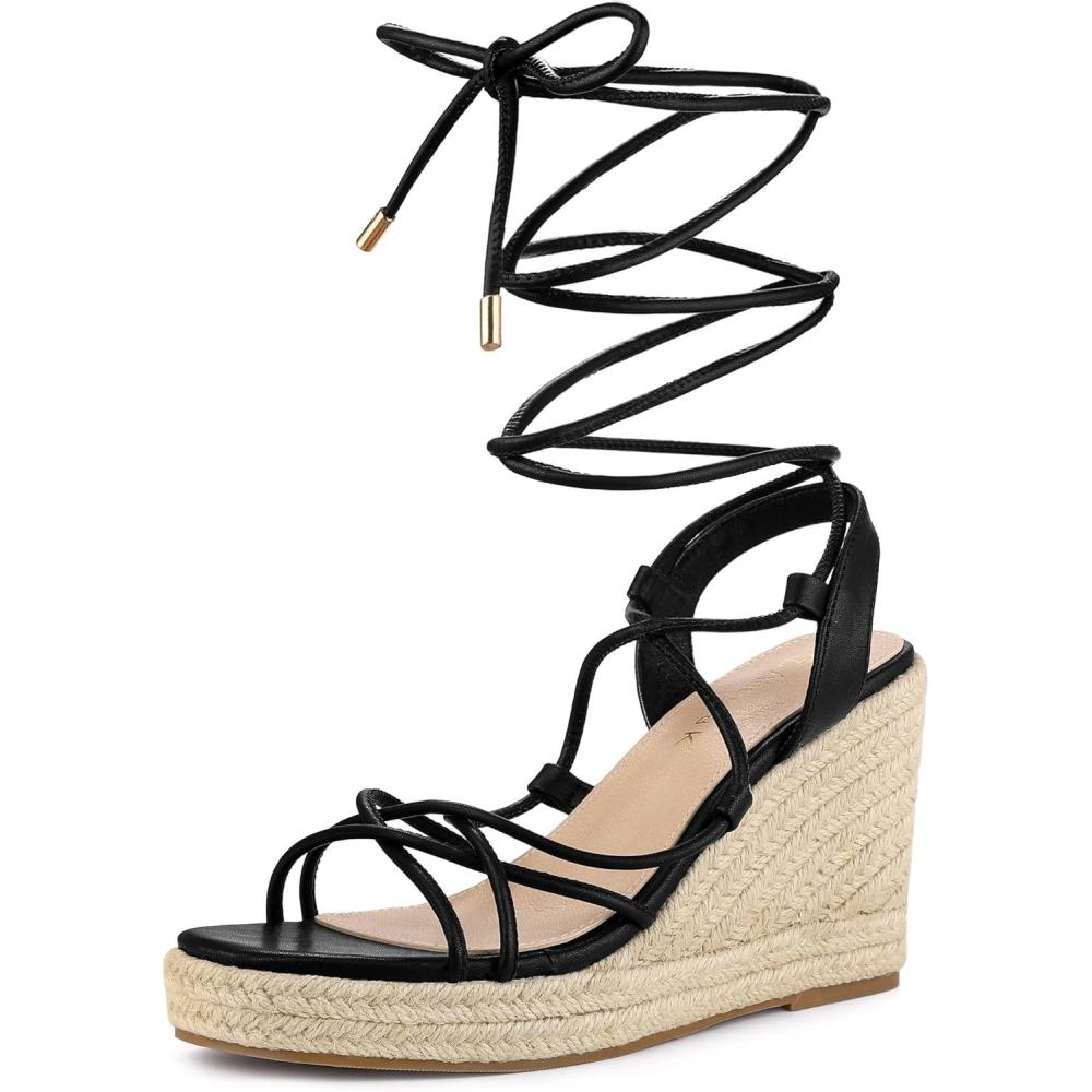 imageAllegra K Womens Platform Square Toe Lace Up Espadrilles Heels Wedge SandalsBlack